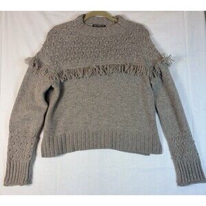 ALASHAN Merino Wool Fringe Caped Sweater Brown Beige Bobble Knit Boho Women’s L